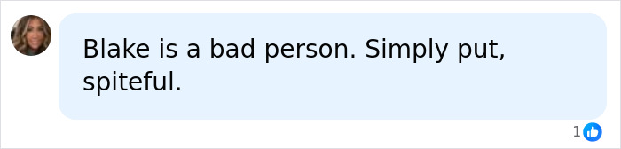 An image of a message bubble stating, Blake is a bad person. Simply put, spiteful. This relates to Blake Lively and being blacklisted.