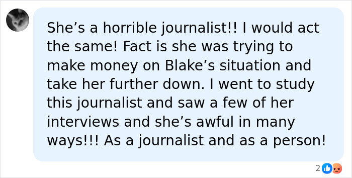 A social media comment criticizing a journalist, calling her "horrible" and "awful" for trying to profit from Blake Lively's situation.