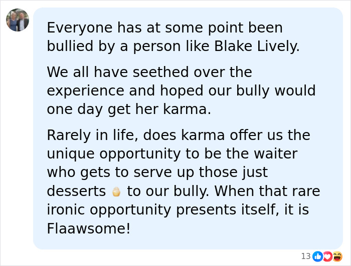 A social media post about Blake Lively and karma, touching on feeling blacklisted after an interview.