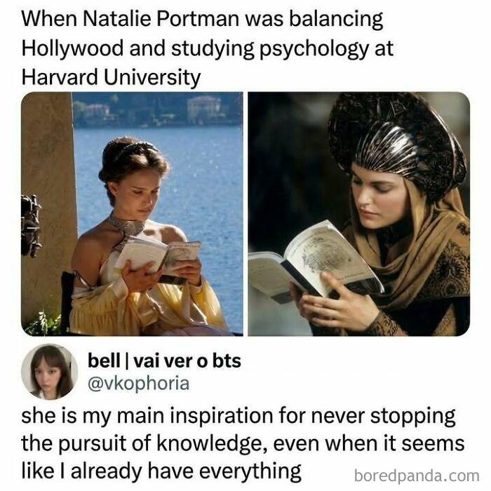 Images of Natalie Portman balancing Hollywood acting and psychology studies at Harvard