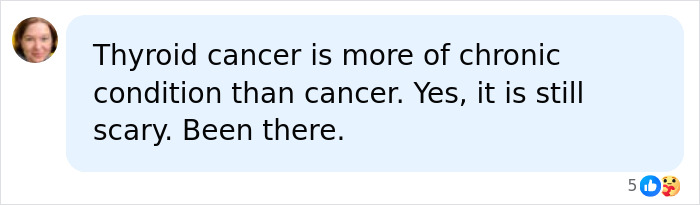 Comment discussing thyroid cancer as a chronic condition and personal experience