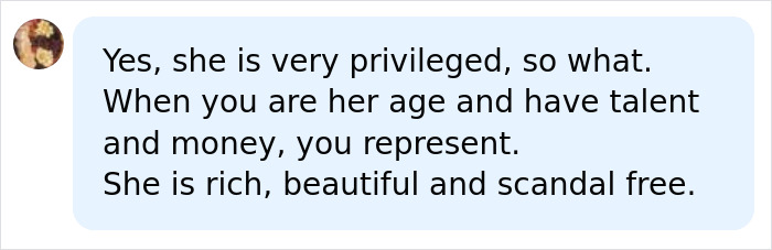 A chat bubble with text praising a woman for being privileged, talented, rich, beautiful, and scandal-free. Beyonc&eacute;, Nicole Kidman.