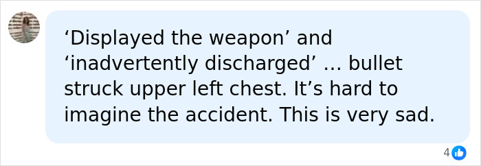 Facebook comment describing gun discharged accidentally causing chest injury