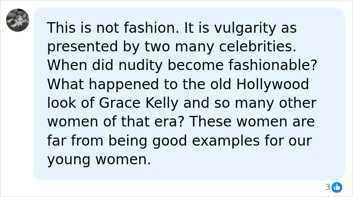 A social media comment criticizing modern celebrity outfits, contrasting them with classic Hollywood style. Relates to Kim Kardashian Met Gala wardrobe.