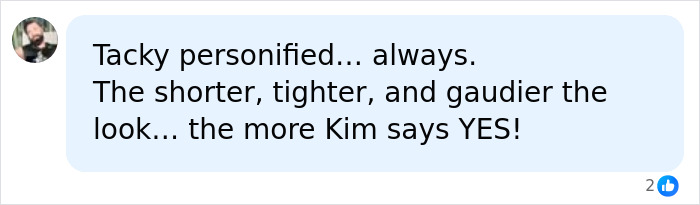 A social media comment about Kim Kardashian Met Gala wardrobe choices, mentioning daring outfits.