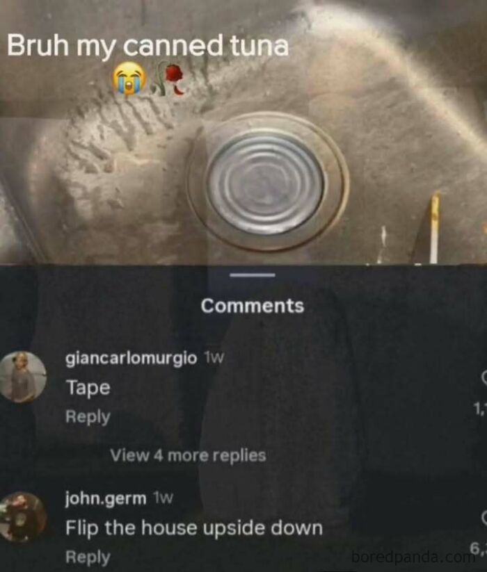Meme showing a taped can mistaken for a real tuna can in a sink