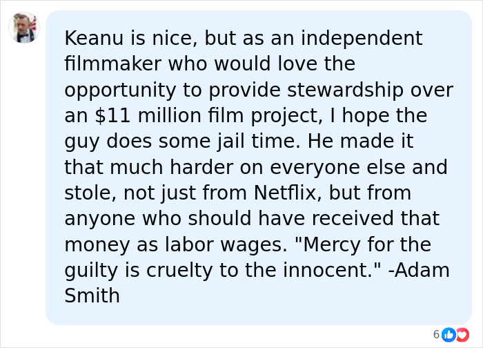 Comment hopes fraudster gets jail time despite Keanu Reeves support Comment hopes fraudster gets jail time despite Keanu Reeves support