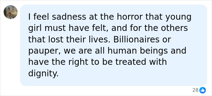 A comment expressing sadness and human dignity for those who lost their lives in the superyacht sinking, including a billionaire.