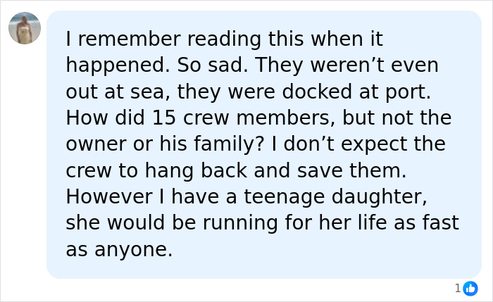 A social media comment about the Bayesian Superyacht sinking incident, expressing sadness and confusion over the crew's fate.