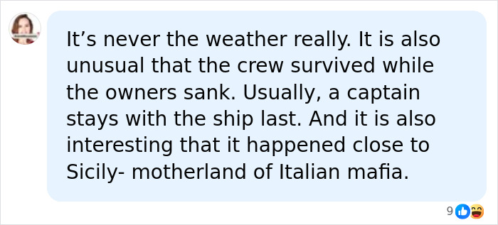 A social media comment speculating about a superyacht sinking, mentioning the crew surviving and owners sinking.