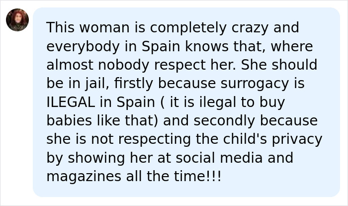 A screenshot of a comment saying a woman who used her late son's bodily fluids to have his child is crazy and should be jailed.