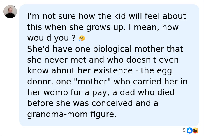 A social media comment about a woman who used her late son's bodily fluids to have his child, discussing the child's complex family tree.