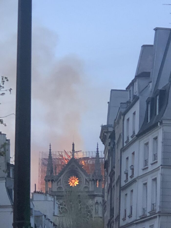Fire and smoke rising from historic cathedral in rare moment photo