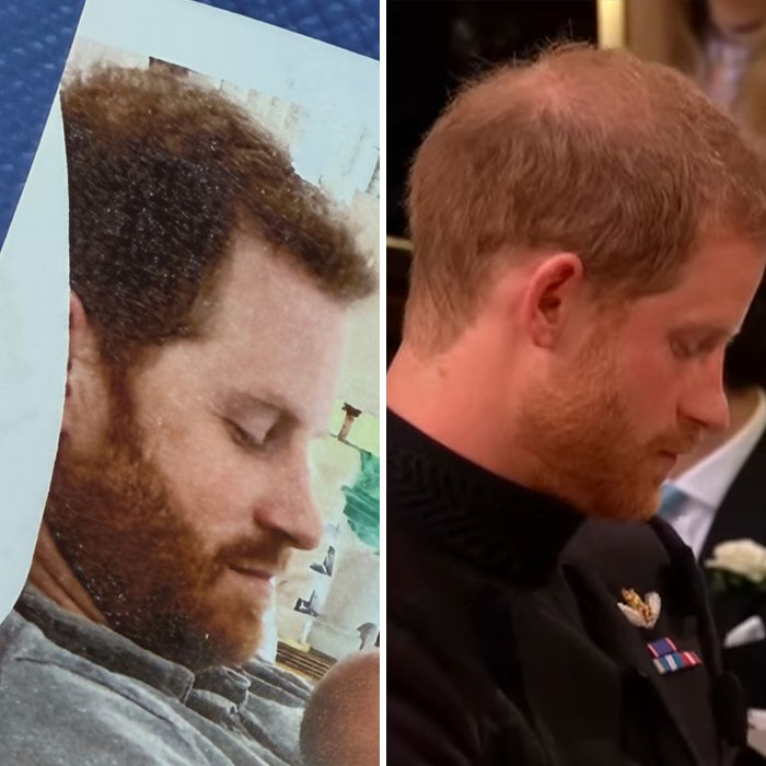 Two side-by-side images of Prince Harry, highlighting odd details in Meghan Markle's birthday post for Prince Archie.