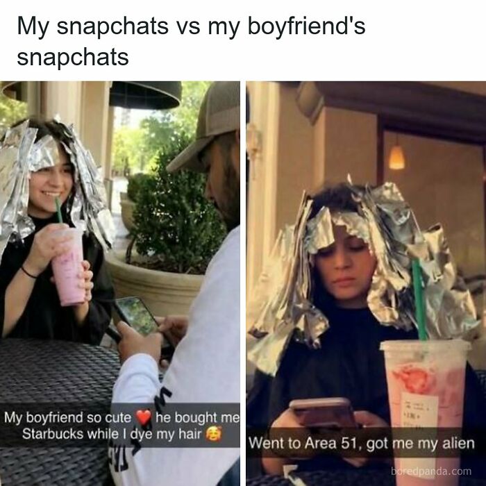 Humorous Snapchat photos showing contrast between girlfriend and boyfriend during hair dye