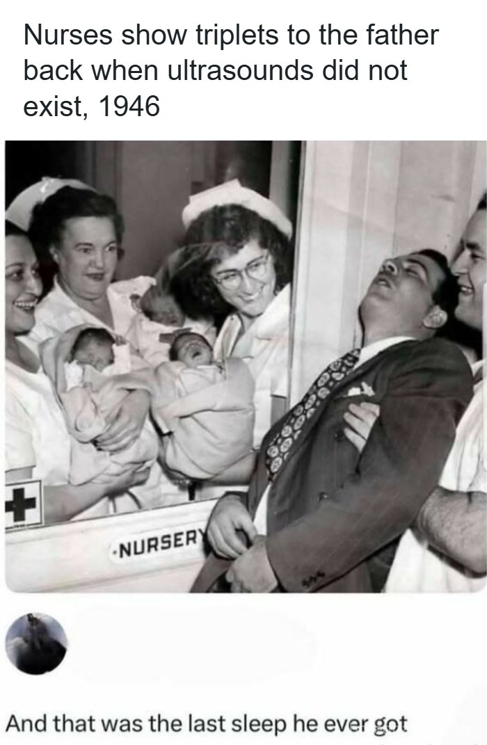 Vintage photo showing nurses presenting newborn triplets to a shocked father in 1946 nursery
