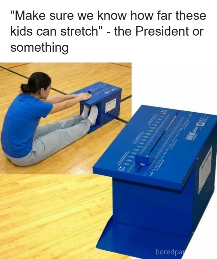 Meme of kids stretch test with blue measuring device and sarcastic caption
