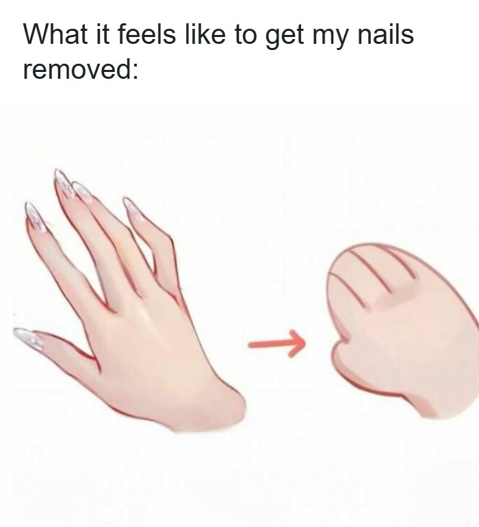 Humorous meme showing nails removed turning fingers into rounded shapes