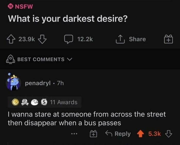 Funny online comment about wanting to stare and disappear when a bus passes