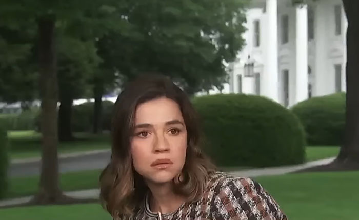 Reporter looking concerned outdoors near White House