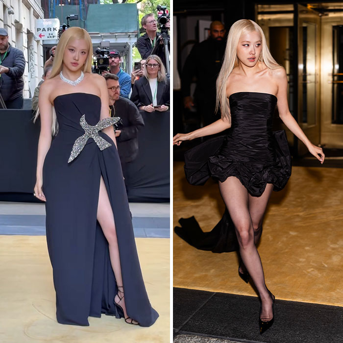 Rosé's Met Gala Afterparty fashion transformations: on left, a long black gown; on right, a short ruffled black dress.