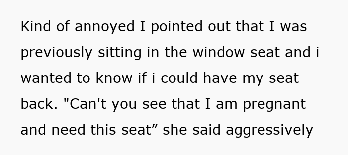Text excerpt describing confrontation about a pregnant woman occupying the window seat