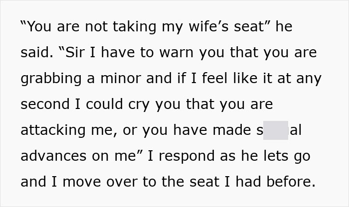 Text dialogue about husband warning seat grabber on plane