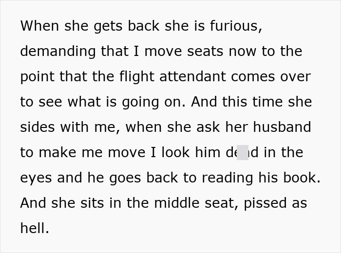 Text describing woman furious and flight attendant intervening in seating dispute