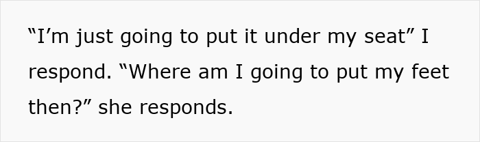 Text excerpt discussing where to put feet and backpack on a plane seat