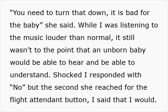 Text about turning down music volume for the baby and the woman pressing the attendant button