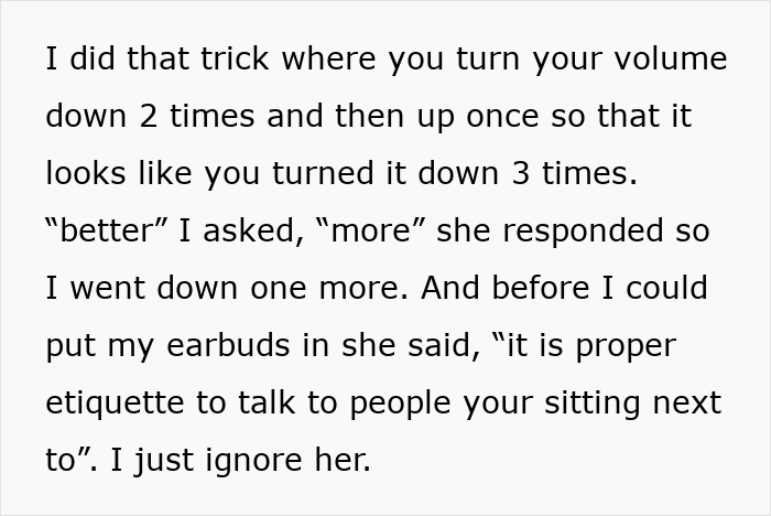 Text about turning volume down trick and being told about proper etiquette by a woman