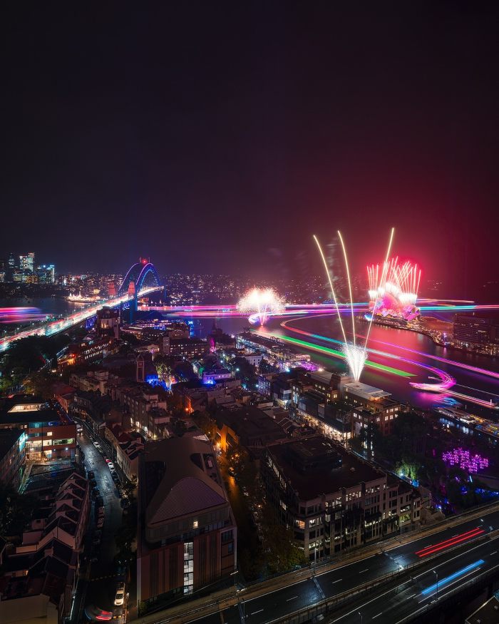 Sydney drone show disaster with fireworks and drone light trails over city and harbor Sydney drone show disaster with fireworks and drone light trails over city and harbor