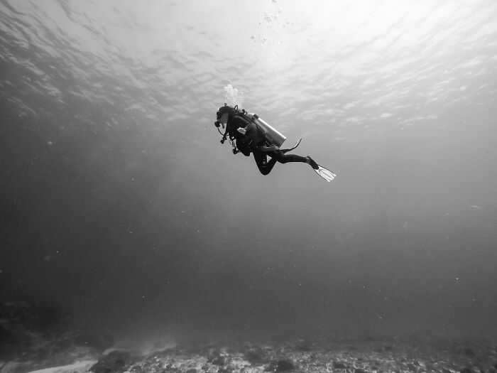 Black and white photo of scuba diver deep in open water
