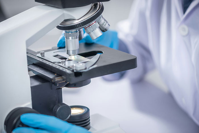 Scientist adjusting microscope in laboratory