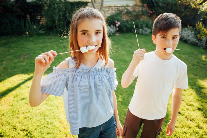Two children with marshmallows on sticks in their mouths, standing on green grass. They are enjoying a snack, like an outdated fact.