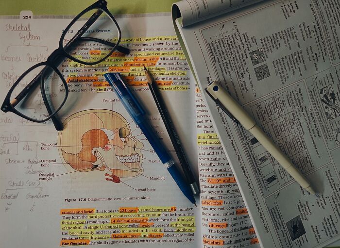 Anatomy textbook with glasses, pens, and highlighted text, illustrating outdated facts in human biology.