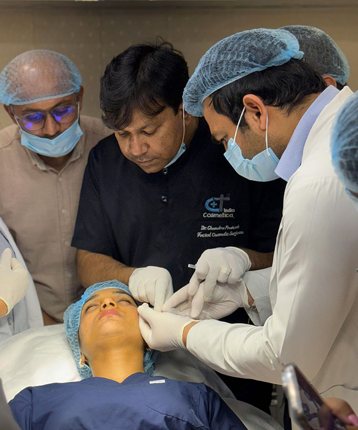 Doctors performing facial cosmetic procedure revealing beauty lies