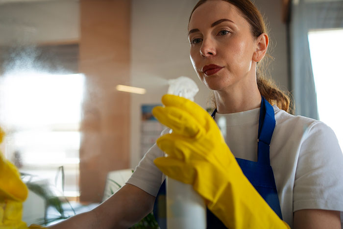 Woman in yellow gloves spraying cleaner on window during professional house cleaning Woman in yellow gloves spraying cleaner on window during professional house cleaning