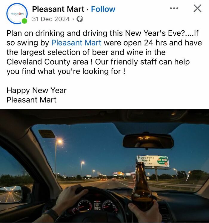 A driver on a highway at dusk, holding a beer bottle, with a Pleasant Mart sign ahead. A British meme about rain, tea, and biscuits.
