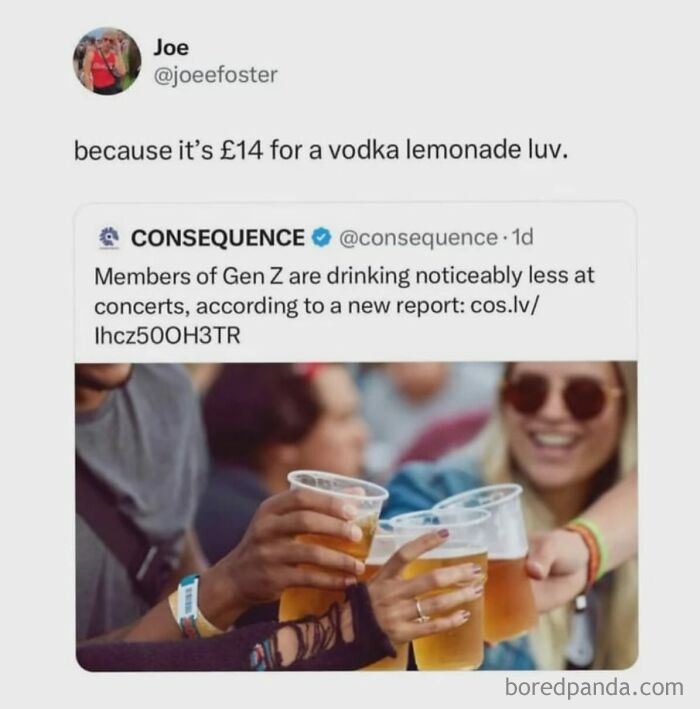 British memes about concert prices and Gen Z drinking less, showing friends toasting drinks.