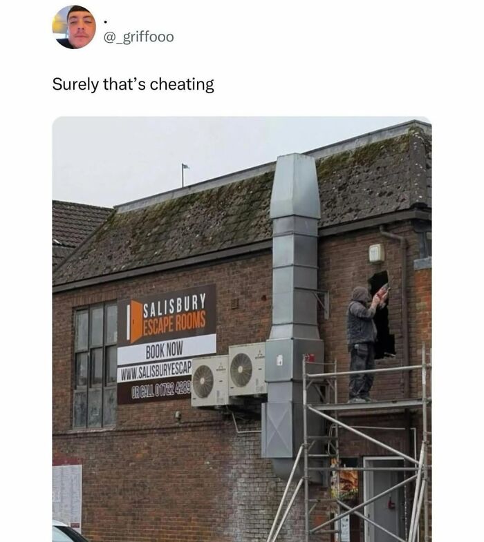 A man on scaffolding by a building, possibly cheating at a British escape room, featured in British memes.