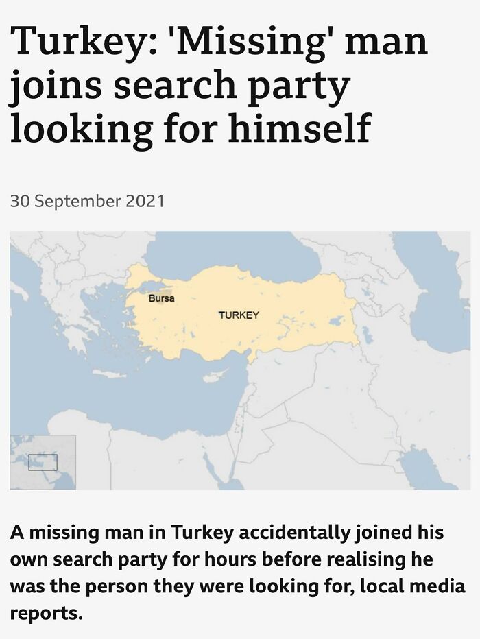 British memes story about a missing man in Turkey joining his own search party, featuring a map of Turkey.