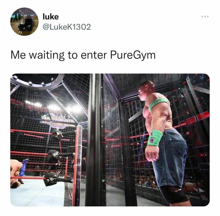 British memes featuring John Cena waiting outside a wrestling cage match, humorously depicting gym entry.
