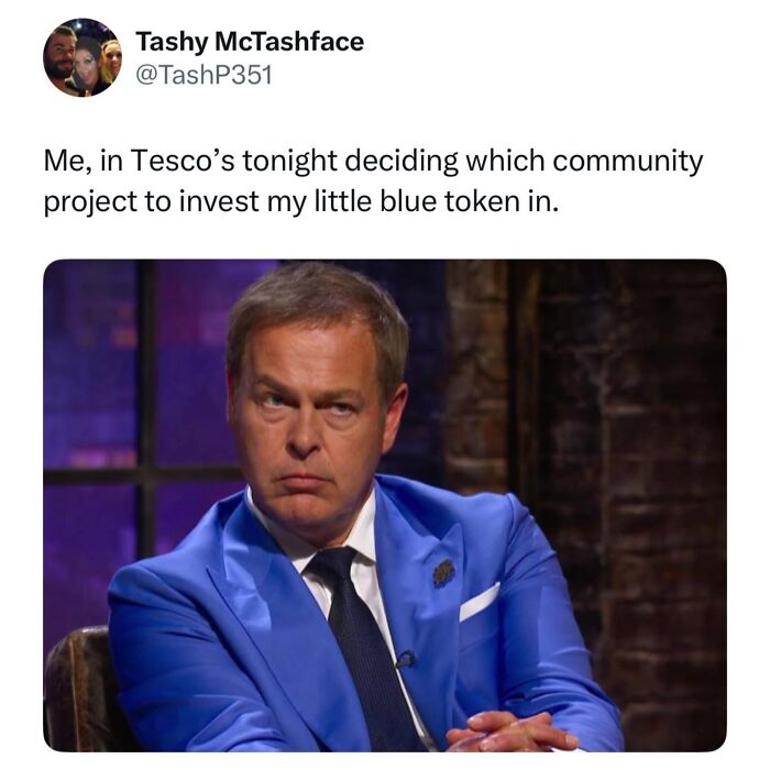 A man in a blue suit looks intensely serious, a meme about British memes and Tesco tokens.