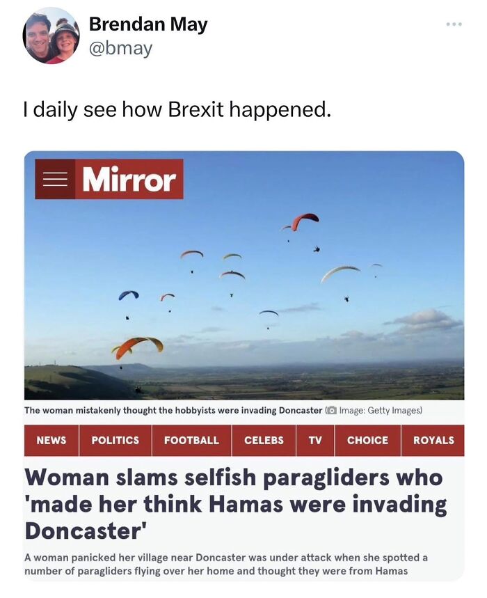 British meme shows a news headline about a woman confusing paragliders for an invasion. A funny British meme.