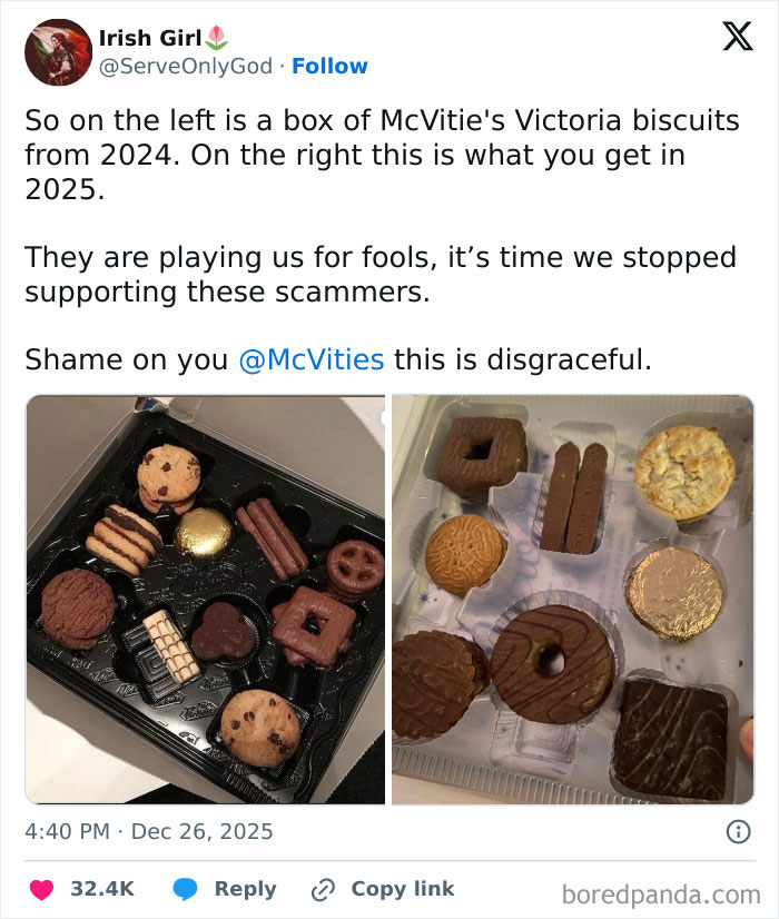Tweet showing McVitie's biscuit box in 2024 versus smaller biscuit set in 2025