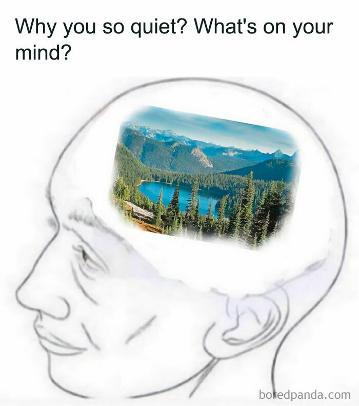 Thought bubble showing a scenic mountain lake in outdoor life meme