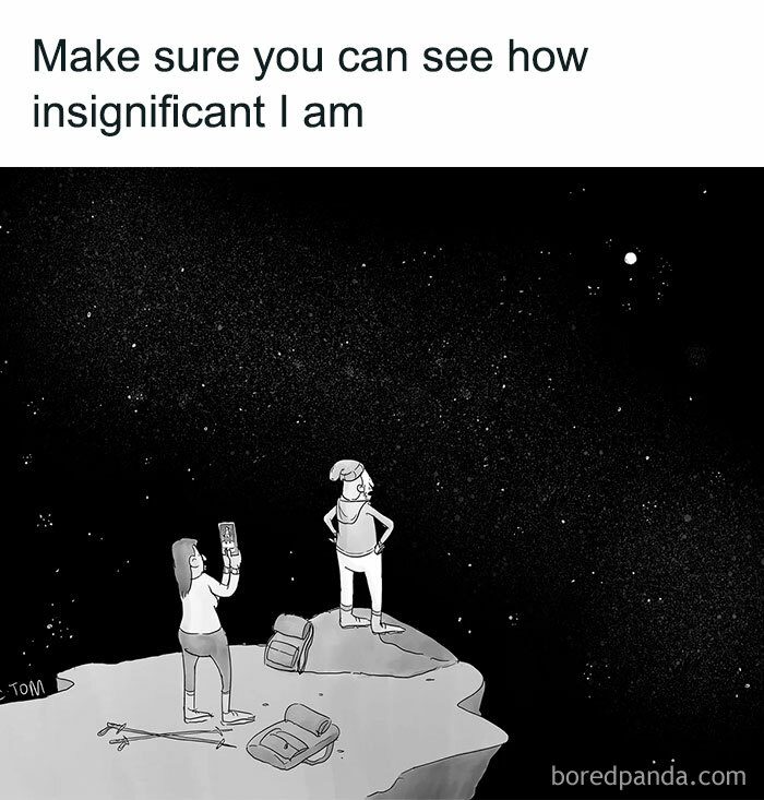 Cartoon showing insignificance of humans under vast night sky in an outdoor setting