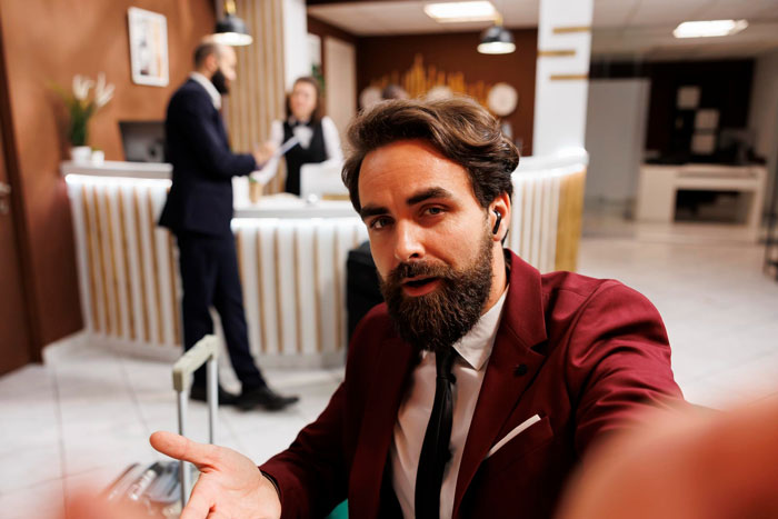 Man in hotel lobby convincing others he's fluent in Spanish Man in hotel lobby convincing others he's fluent in Spanish