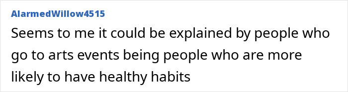A comment suggesting healthy habits explain arts lovers' youth, referencing the University College London study. A comment suggesting healthy habits explain arts lovers' youth, referencing the University College London study.